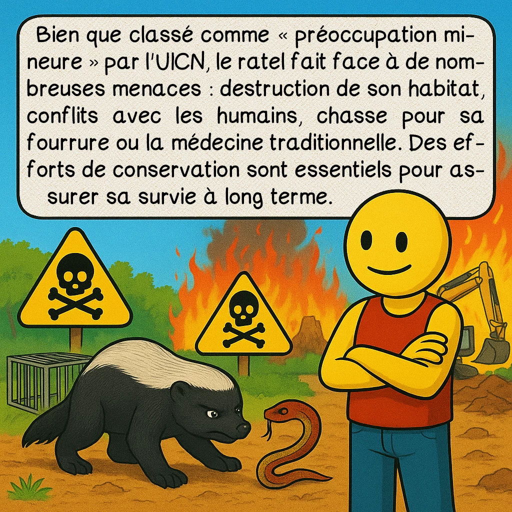 Le ratel, case 9 : Bien que classé comme « préoccupation mineure » par l'UICN, le ratel fait face à de nombreuses menaces : destruction de son habitat, conflits avec les humains, chasse pour sa fourrure ou la médecine traditionnelle. Des efforts de conservation sont essentiels pour assurer sa survie à long terme.