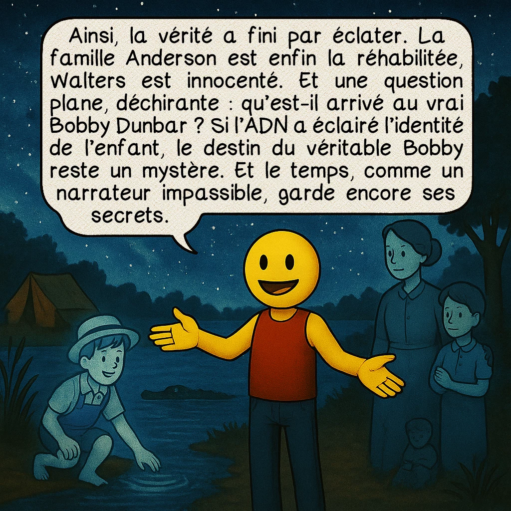 L’affaire Bobby Dunbar, case 10 : Ainsi, la vérité a fini par éclater. La famille Anderson est enfin la réhabilitée, Walters est innocenté. Et une question plane, déchirante : qu’est-il arrivé au vrai Bobby Dunbar ? Si l’ADN a éclairé l’identité de l’enfant, le destin du véritable Bobby reste un mystère. Et le temps, comme un narrateur impassible, garde encore ses secrets.