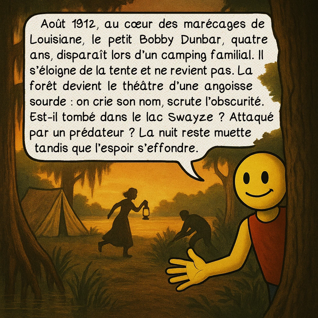 L’affaire Bobby Dunbar, case 2 : Août 1912, au cœur des marécages de Louisiane, le petit Bobby Dunbar, quatre ans, disparaît lors d’un camping familial. Il s’éloigne de la tente et ne revient pas. La forêt devient le théâtre d’une angoisse sourde : on crie son nom, scrute l’obscurité. Est-il tombé dans le lac Swayze ? Attaqué par un prédateur ? La nuit reste muette tandis que l’espoir s’effondre.