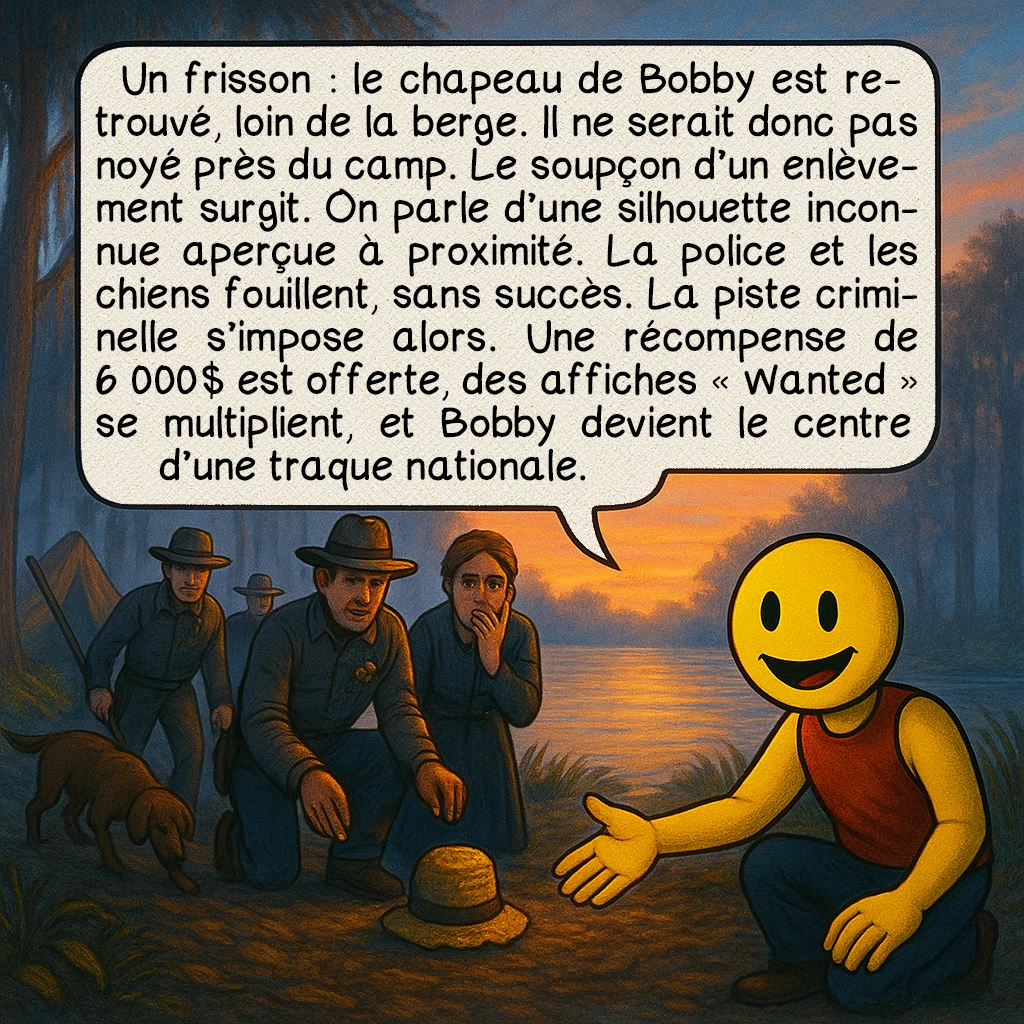 L’affaire Bobby Dunbar, case 3 : Un frisson : le chapeau de Bobby est retrouvé, loin de la berge. Il ne serait donc pas noyé près du camp. Le soupçon d’un enlèvement surgit. On parle d’une silhouette inconnue aperçue à proximité. La police et les chiens fouillent, sans succès. La piste criminelle s’impose alors. Une récompense de 6 000 $ est offerte, des affiches « Wanted » se multiplient, et Bobby devient le centre d’une traque nationale.