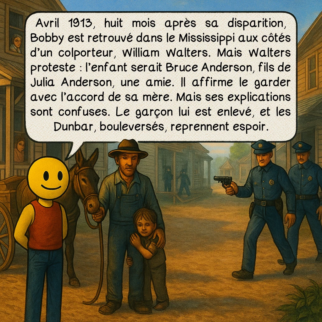L’affaire Bobby Dunbar, case 4 : Avril 1913, huit mois après sa disparition, Bobby est retrouvé dans le Mississippi aux côtés d’un colporteur, William Walters. Mais Walters proteste : l’enfant serait Bruce Anderson, fils de Julia Anderson, une amie. Il affirme le garder avec l’accord de sa mère. Mais ses explications sont confuses. Le garçon lui est enlevé, et les Dunbar, bouleversés, reprennent espoir.