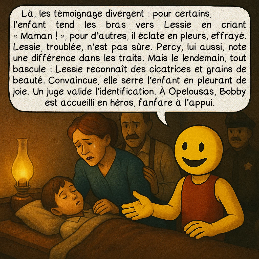 L’affaire Bobby Dunbar, case 5 : Là, les témoignage divergent : pour certains, l’enfant tend les bras vers Lessie en criant « Maman ! », pour d’autres, il éclate en pleurs, effrayé. Lessie, troublée, n’est pas sûre. Percy, lui aussi, note une différence dans les traits. Mais le lendemain, tout bascule : Lessie reconnaît des cicatrices et grains de beauté. Convaincue, elle serre l’enfant en pleurant de joie. Un juge valide l’identification. À Opelousas, Bobby est accueilli en héros, fanfare à l’appui. »