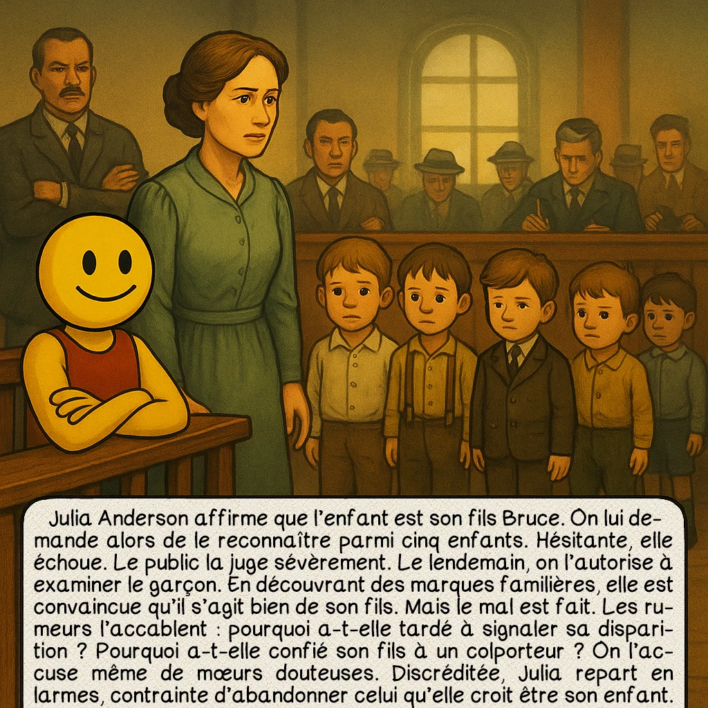 L’affaire Bobby Dunbar, case 6 : Julia Anderson affirme que l’enfant est son fils Bruce. On lui demande alors de le reconnaître parmi cinq enfants. Hésitante, elle échoue. Le public la juge sévèrement. Le lendemain, on l’autorise à examiner le garçon. En découvrant des marques familières, elle est convaincue qu’il s’agit bien de son fils. Mais le mal est fait. Les rumeurs l’accablent : pourquoi a-t-elle tardé à signaler sa disparition ? Pourquoi a-t-elle confié son fils à un colporteur ? On l’accuse même de mœurs douteuses. Discréditée, Julia repart en larmes, contrainte d’abandonner celui qu’elle croit être son enfant.