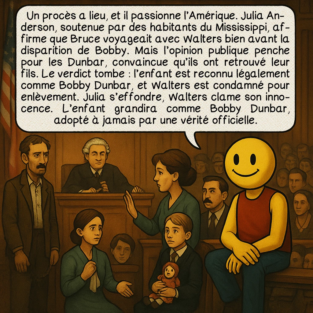 L’affaire Bobby Dunbar, case 7 : Un procès a lieu, et il passionne l’Amérique. Julia Anderson, soutenue par des habitants du Mississippi, affirme que Bruce voyageait avec Walters bien avant la disparition de Bobby. Mais l’opinion publique penche pour les Dunbar, convaincue qu’ils ont retrouvé leur fils. Le verdict tombe : l’enfant est reconnu légalement comme Bobby Dunbar, et Walters est condamné pour enlèvement. Julia s’effondre, Walters clame son innocence. L’enfant grandira comme Bobby Dunbar, adopté à jamais par une vérité officielle.