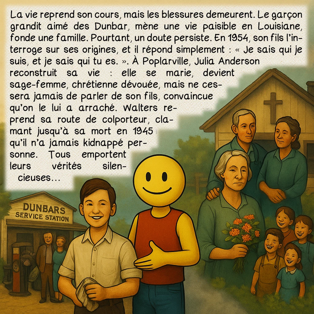 L’affaire Bobby Dunbar, case 8 : La vie reprend son cours, mais les blessures demeurent. Le garçon grandit aimé des Dunbar, mène une vie paisible en Louisiane, fonde une famille. Pourtant, un doute persiste. En 1954, son fils l’interroge sur ses origines, et il répond simplement : « Je sais qui je suis, et je sais qui tu es. ». À Poplarville, Julia Anderson reconstruit sa vie : elle se marie, devient sage-femme, chrétienne dévouée, mais ne cessera jamais de parler de son fils, convaincue qu’on le lui a arraché. Walters reprend sa route de colporteur, clamant jusqu’à sa mort en 1945 qu’il n’a jamais kidnappé personne. Tous emportent leurs vérités silencieuses… »