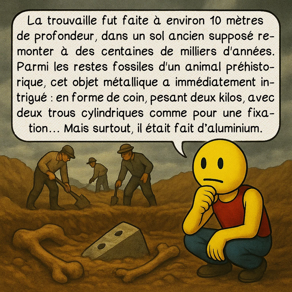 L’artefact d’Aiud, case 2 : La trouvaille fut faite à environ 10 mètres de profondeur, dans un sol ancien supposé remonter à des centaines de milliers d'années. Parmi les restes fossiles d'un animal préhistorique, cet objet métallique a immédiatement intrigué : en forme de coin, pesant deux kilos, avec deux trous cylindriques comme pour une fixation… Mais surtout, il était fait d’aluminium.