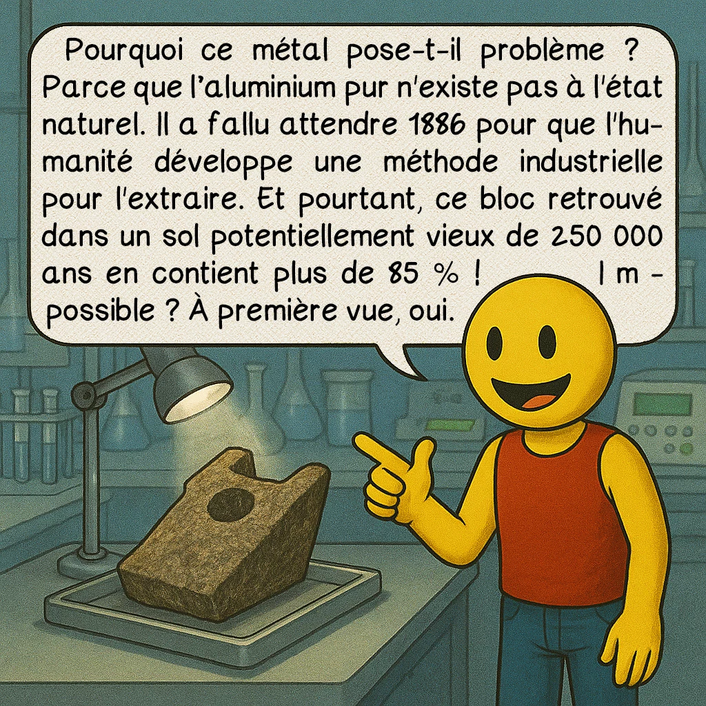 L’artefact d’Aiud, case 3 : Pourquoi ce métal pose-t-il problème ? Parce que l’aluminium pur n'existe pas à l'état naturel. Il a fallu attendre 1886 pour que l'humanité développe une méthode industrielle pour l'extraire. Et pourtant, ce bloc retrouvé dans un sol potentiellement vieux de 250 000 ans en contient plus de 85 % ! Impossible ? À première vue, oui.