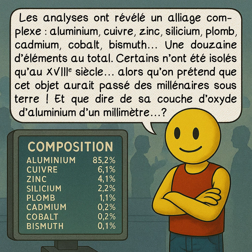 L’artefact d’Aiud, case 4 : Les analyses ont révélé un alliage complexe : aluminium, cuivre, zinc, silicium, plomb, cadmium, cobalt, bismuth… Une douzaine d’éléments au total. Certains n’ont été isolés qu’au XVIIIe siècle… alors qu’on prétend que cet objet aurait passé des millénaires sous terre ! Et que dire de sa couche d’oxyde d’aluminium d’un millimètre…?