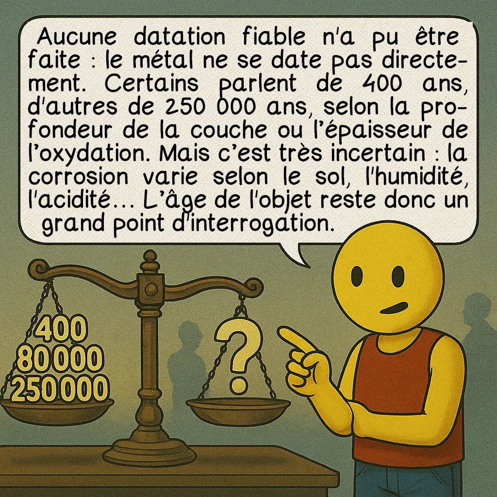 L’artefact d’Aiud, case 5 : Aucune datation fiable n'a pu être faite : le métal ne se date pas directement. Certains parlent de 400 ans, d'autres de 250 000 ans, selon la profondeur de la couche ou l’épaisseur de l’oxydation. Mais c’est très incertain : la corrosion varie selon le sol, l'humidité, l'acidité… L’âge de l'objet reste donc un grand point d'interrogation.