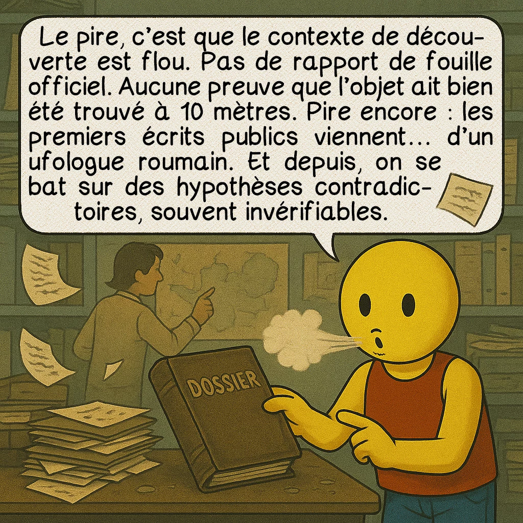 L’artefact d’Aiud, case 6 : Le pire, c’est que le contexte de découverte est flou. Pas de rapport de fouille officiel. Aucune preuve que l’objet ait bien été trouvé à 10 mètres. Pire encore : les premiers écrits publics viennent… d’un ufologue roumain. Et depuis, on se bat sur des hypothèses contradictoires, souvent invérifiables.