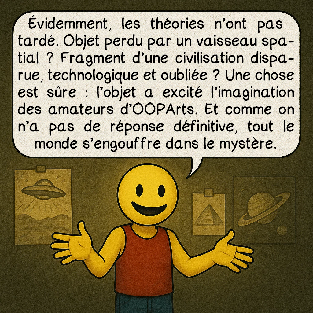 L’artefact d’Aiud, case 7 : Évidemment, les théories n’ont pas tardé. Objet perdu par un vaisseau spatial ? Fragment d’une civilisation disparue, technologique et oubliée ? Une chose est sûre : l’objet a excité l’imagination des amateurs d’OOPArts. Et comme on n’a pas de réponse définitive, tout le monde s’engouffre dans le mystère.