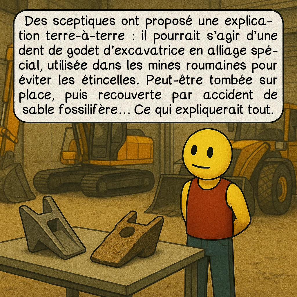 L’artefact d’Aiud, case 8 : Des sceptiques ont proposé une explication terre-à-terre : il pourrait s’agir d’une dent de godet d’excavatrice en alliage spécial, utilisée dans les mines roumaines pour éviter les étincelles. Peut-être tombée sur place, puis recouverte par accident de sable fossilifère… Ce qui expliquerait tout.