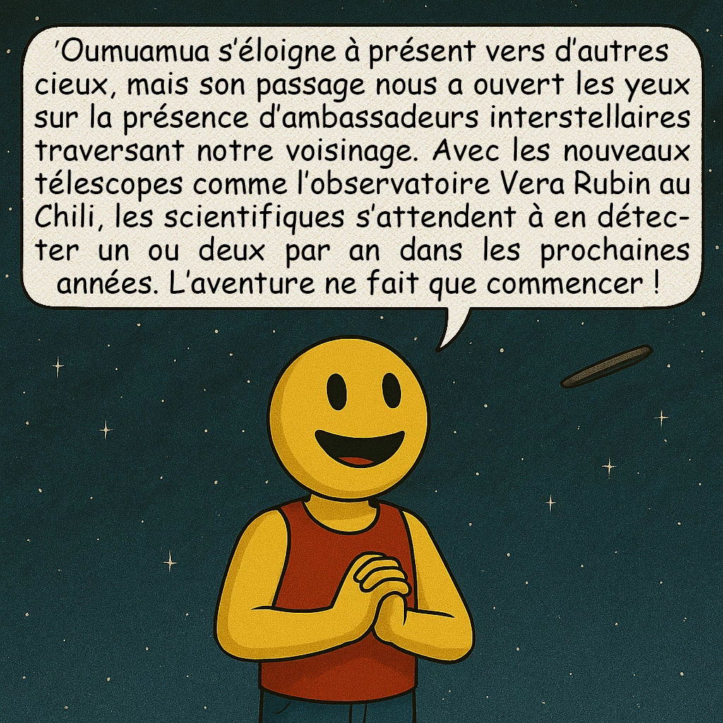 ʻOumuamua, case 10 :  ʻOumuamua s’éloigne à présent vers d’autres cieux, mais son passage nous a ouvert les yeux sur la présence d’ambassadeurs interstellaires traversant notre voisinage. Avec les nouveaux télescopes comme l’observatoire Vera Rubin au Chili, les scientifiques s’attendent à en détecter un ou deux par an dans les prochaines années. L’aventure ne fait que commencer !