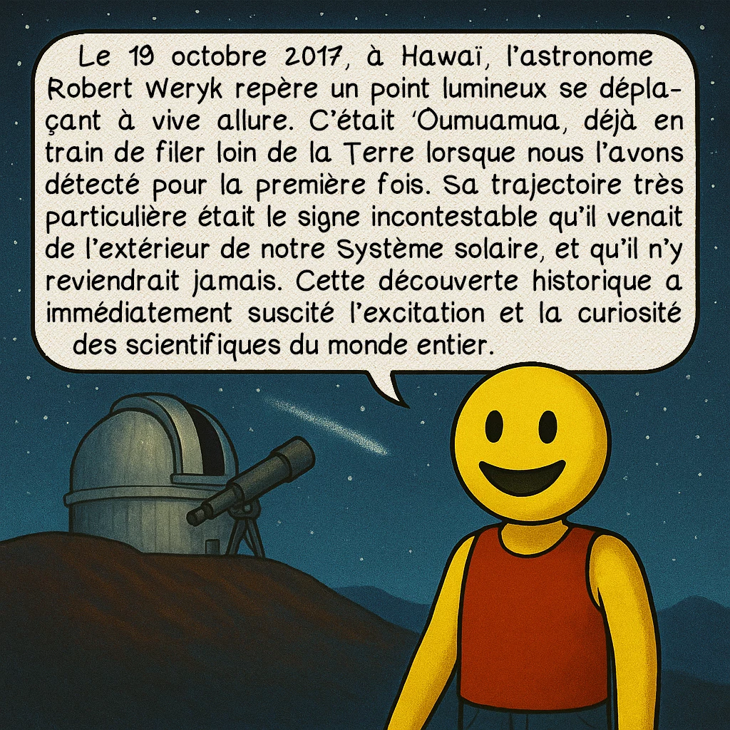 ʻOumuamua, case 2 : Le 19 octobre 2017, à Hawaï, l’astronome Robert Weryk repère un point lumineux se déplaçant à vive allure. C’était ʻOumuamua, déjà en train de filer loin de la Terre lorsque nous l’avons détecté pour la première fois. Sa trajectoire très particulière était le signe incontestable qu’il venait de l’extérieur de notre Système solaire, et qu’il n’y reviendrait jamais. Cette découverte historique a immédiatement suscité l’excitation et la curiosité des scientifiques du monde entier.