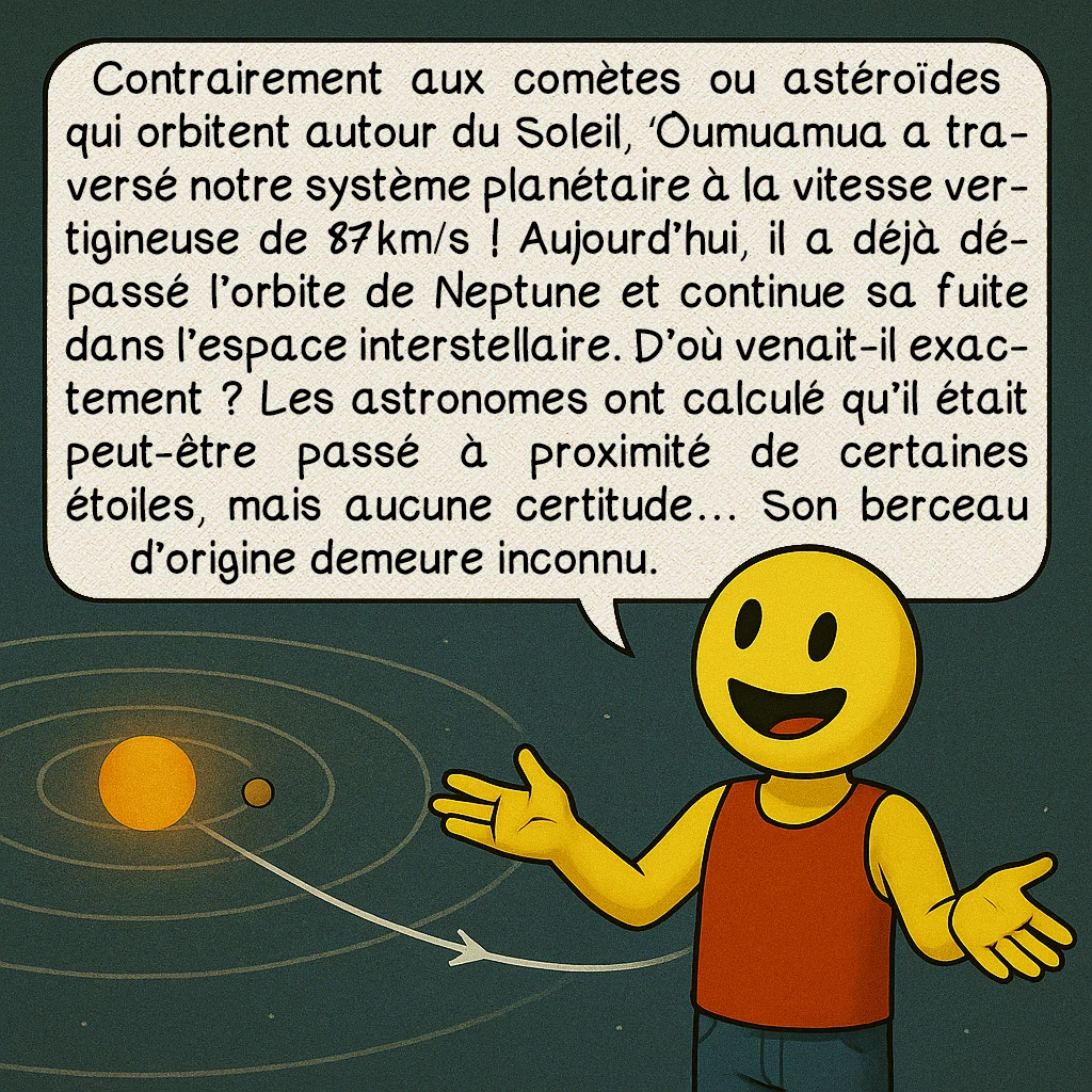 ʻOumuamua, case 3 : Contrairement aux comètes ou astéroïdes qui orbitent autour du Soleil, ʻOumuamua a traversé notre système planétaire à la vitesse vertigineuse de 87 km/s ! Aujourd’hui, il a déjà dépassé l’orbite de Neptune et continue sa fuite dans l’espace interstellaire. D’où venait-il exactement ? Les astronomes ont calculé qu’il était peut-être passé à proximité de certaines étoiles, mais aucune certitude… Son berceau d’origine demeure inconnu.