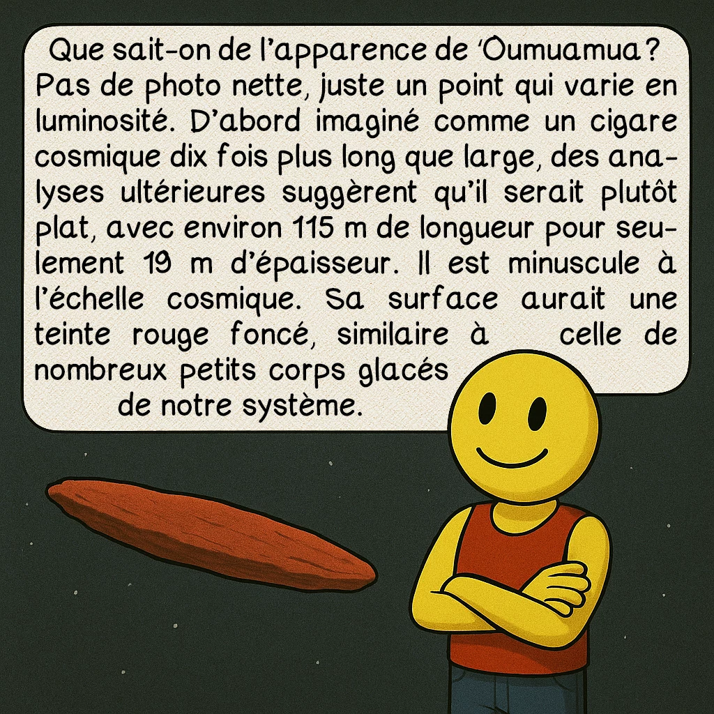 ʻOumuamua, case 4 : Que sait-on de l’apparence de ʻOumuamua ? Pas de photo nette, juste un point qui varie en luminosité. D’abord imaginé comme un cigare cosmique dix fois plus long que large, des analyses ultérieures suggèrent qu’il serait plutôt plat, avec environ 115 m de longueur pour seulement 19 m d’épaisseur. Il est minuscule à l’échelle cosmique. Sa surface aurait une teinte rouge foncé, similaire à celle de nombreux petits corps glacés de notre système.