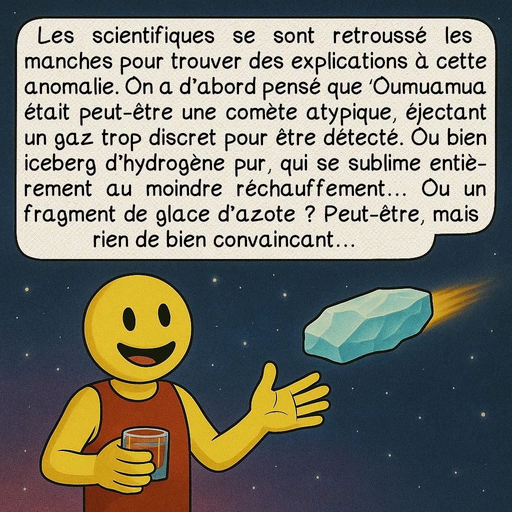 ʻOumuamua, case 6 : Les scientifiques se sont retroussé les manches pour trouver des explications à cette anomalie. On a d’abord pensé que ʻOumuamua était peut-être une comète atypique, éjectant un gaz trop discret pour être détecté. Ou bien iceberg d’hydrogène pur, qui se sublime entièrement au moindre réchauffement… Ou un fragment de glace d’azote ? Peut-être, mais rien de bien convaincant…