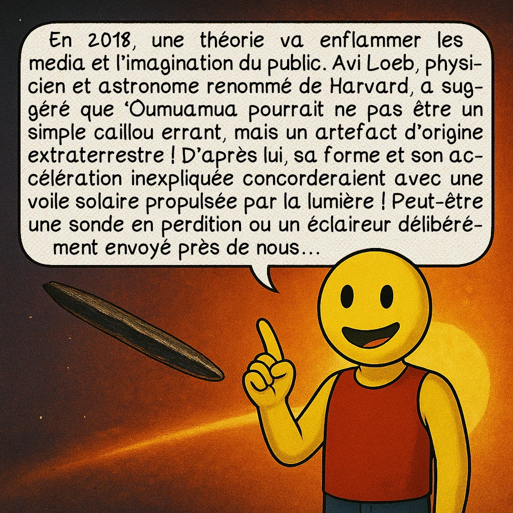 ʻOumuamua, case 7 : En 2018, une théorie va enflammer les media et l’imagination du public. Avi Loeb, physicien et astronome renommé de Harvard, a suggéré que ʻOumuamua pourrait ne pas être un simple caillou errant, mais un artefact d’origine extraterrestre ! D’après lui, sa forme et son accélération inexpliquée concorderaient avec une voile solaire propulsée par la lumière ! Peut-être une sonde en perdition ou un éclaireur délibérément envoyé près de nous…