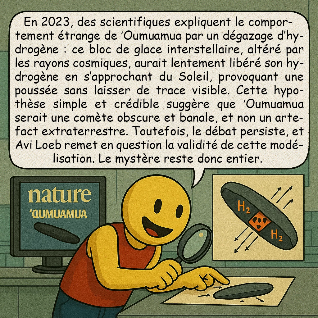 ʻOumuamua, case 9 : En 2023, des scientifiques expliquent le comportement étrange de ʻOumuamua par un dégazage d’hydrogène : ce bloc de glace interstellaire, altéré par les rayons cosmiques, aurait lentement libéré son hydrogène en s’approchant du Soleil, provoquant une poussée sans laisser de trace visible. Cette hypothèse simple et crédible suggère que ʻOumuamua serait une comète obscure et banale, et non un artefact extraterrestre. Toutefois, le débat persiste, et Avi Loeb remet en question la validité de cette modélisation. Le mystère reste donc entier.