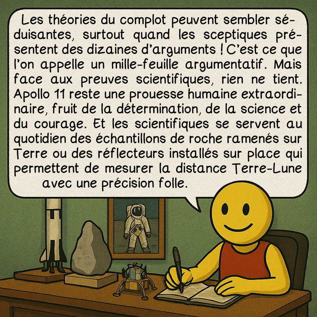 La mission Apollo 11, case 10 : Les théories du complot peuvent sembler séduisantes, surtout quand les sceptiques présentent des dizaines d’arguments ! C’est ce que l’on appelle un mille-feuille argumentatif. Mais face aux preuves scientifiques, rien ne tient. Apollo 11 reste une prouesse humaine extraordinaire, fruit de la détermination, de la science et du courage. Et les scientifiques se servent au quotidien des échantillons de roche ramenés sur Terre ou des réflecteurs installés sur place qui permettent de mesurer la distance Terre-Lune avec une précision folle.