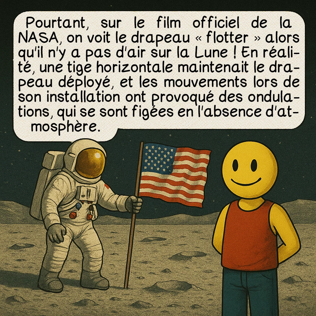 La mission Apollo 11, case 4 : Pourtant, sur le film officiel de la NASA, on voit le drapeau « flotter » alors qu'il n'y a pas d'air sur la Lune ! En réalité, une tige horizontale maintenait le drapeau déployé, et les mouvements lors de son installation ont provoqué des ondulations, qui se sont figées en l'absence d'atmosphère.