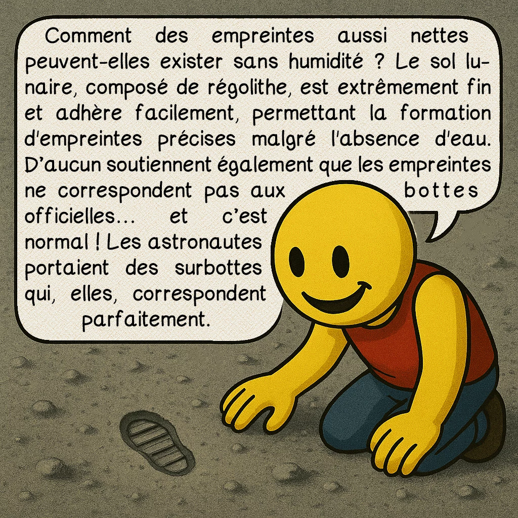 La mission Apollo 11, case 5 : Comment des empreintes aussi nettes peuvent-elles exister sans humidité ? Le sol lunaire, composé de régolithe, est extrêmement fin et adhère facilement, permettant la formation d'empreintes précises malgré l'absence d'eau. D’aucun soutiennent également que les empreintes ne correspondent pas aux bottes officielles… et c’est normal ! Les astronautes portaient des surbottes qui, elles, correspondent parfaitement.