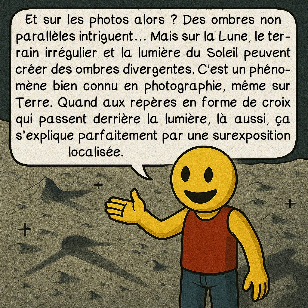 La mission Apollo 11, case 6 : Et sur les photos alors ? Des ombres non parallèles intriguent… Mais sur la Lune, le terrain irrégulier et la lumière du Soleil peuvent créer des ombres divergentes. C'est un phénomène bien connu en photographie, même sur Terre. Quand aux repères en forme de croix qui passent derrière la lumière, là aussi, ça s’explique parfaitement par une surexposition localisée.