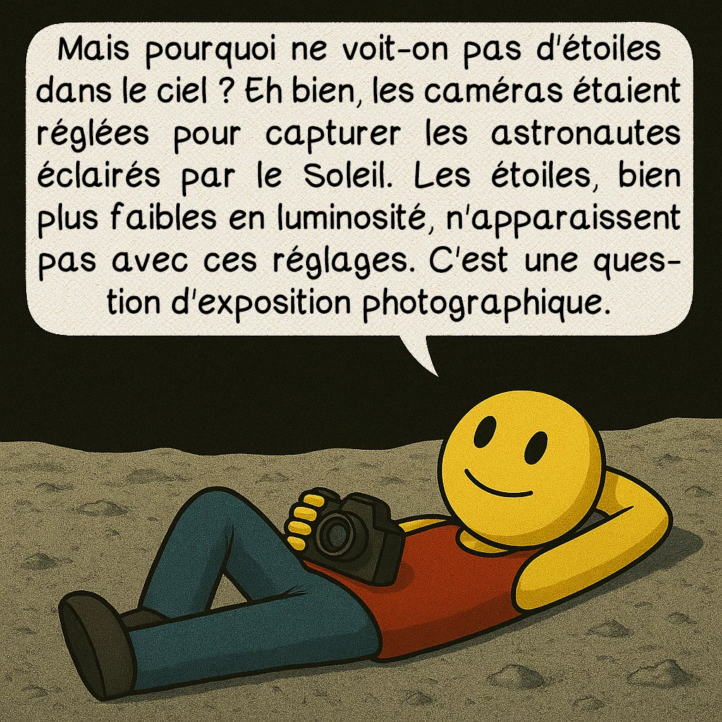 La mission Apollo 11, case 7 : Mais pourquoi ne voit-on pas d'étoiles dans le ciel ? Eh bien, les caméras étaient réglées pour capturer les astronautes éclairés par le Soleil. Les étoiles, bien plus faibles en luminosité, n'apparaissent pas avec ces réglages. C'est une question d'exposition photographique.