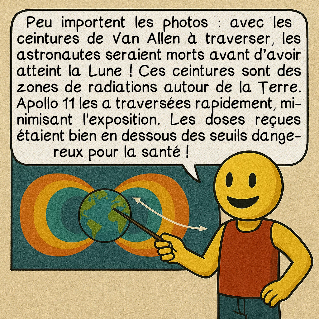La mission Apollo 11, case 8 : Peu importent les photos : avec les ceintures de Van Allen à traverser, les astronautes seraient morts avant d’avoir atteint la Lune ! Ces ceintures sont des zones de radiations autour de la Terre. Apollo 11 les a traversées rapidement, minimisant l'exposition. Les doses reçues étaient bien en dessous des seuils dangereux pour la santé !