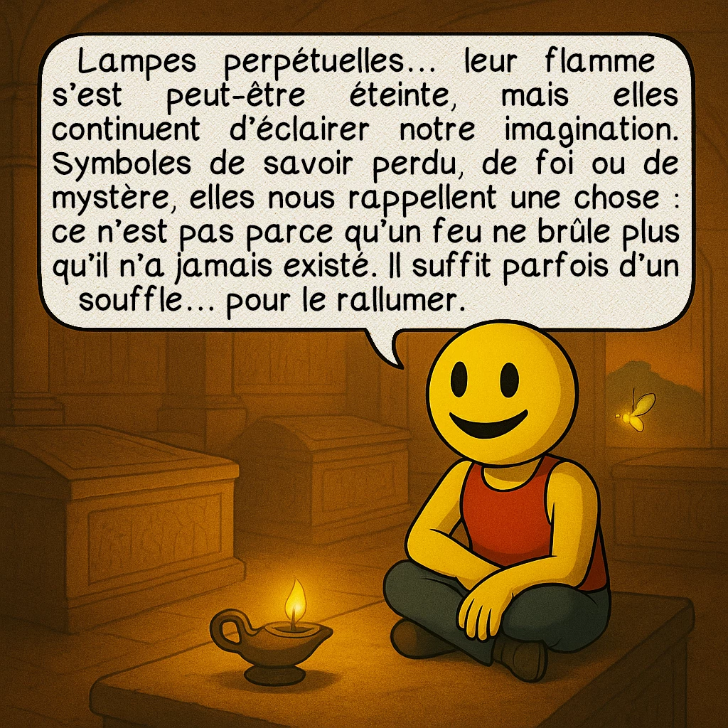 Les lampes éternelles, case 10 : Lampes perpétuelles… leur flamme s’est peut-être éteinte, mais elles continuent d’éclairer notre imagination. Symboles de savoir perdu, de foi ou de mystère, elles nous rappellent une chose : ce n’est pas parce qu’un feu ne brûle plus qu’il n’a jamais existé. Il suffit parfois d’un souffle… pour le rallumer.