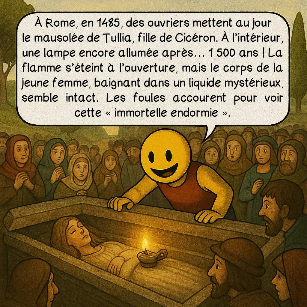 Les lampes éternelles, case 2 : À Rome, en 1485, des ouvriers mettent au jour le mausolée de Tullia, fille de Cicéron. À l’intérieur, une lampe encore allumée après… 1 500 ans ! La flamme s’éteint à l’ouverture, mais le corps de la jeune femme, baignant dans un liquide mystérieux, semble intact. Les foules accourent pour voir cette « immortelle endormie ».