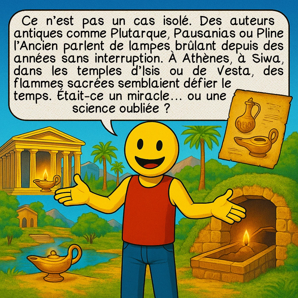 Les lampes éternelles, case 3 : Ce n’est pas un cas isolé. Des auteurs antiques comme Plutarque, Pausanias ou Pline l’Ancien parlent de lampes brûlant depuis des années sans interruption. À Athènes, à Siwa, dans les temples d’Isis ou de Vesta, des flammes sacrées semblaient défier le temps. Était-ce un miracle… ou une science oubliée ?