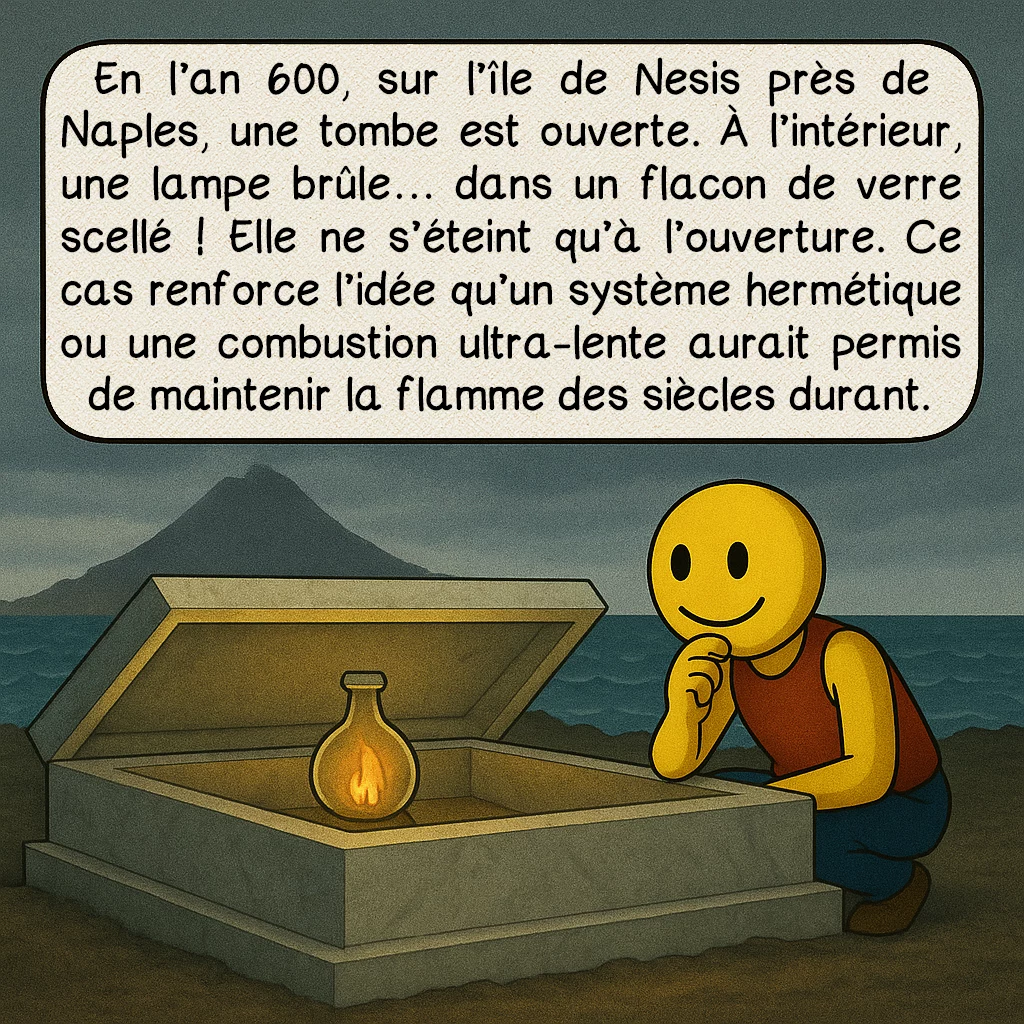 Les lampes éternelles, case 4 : En l’an 600, sur l’île de Nesis près de Naples, une tombe est ouverte. À l’intérieur, une lampe brûle… dans un flacon de verre scellé ! Elle ne s’éteint qu’à l’ouverture. Ce cas renforce l’idée qu’un système hermétique ou une combustion ultra-lente aurait permis de maintenir la flamme des siècles durant.