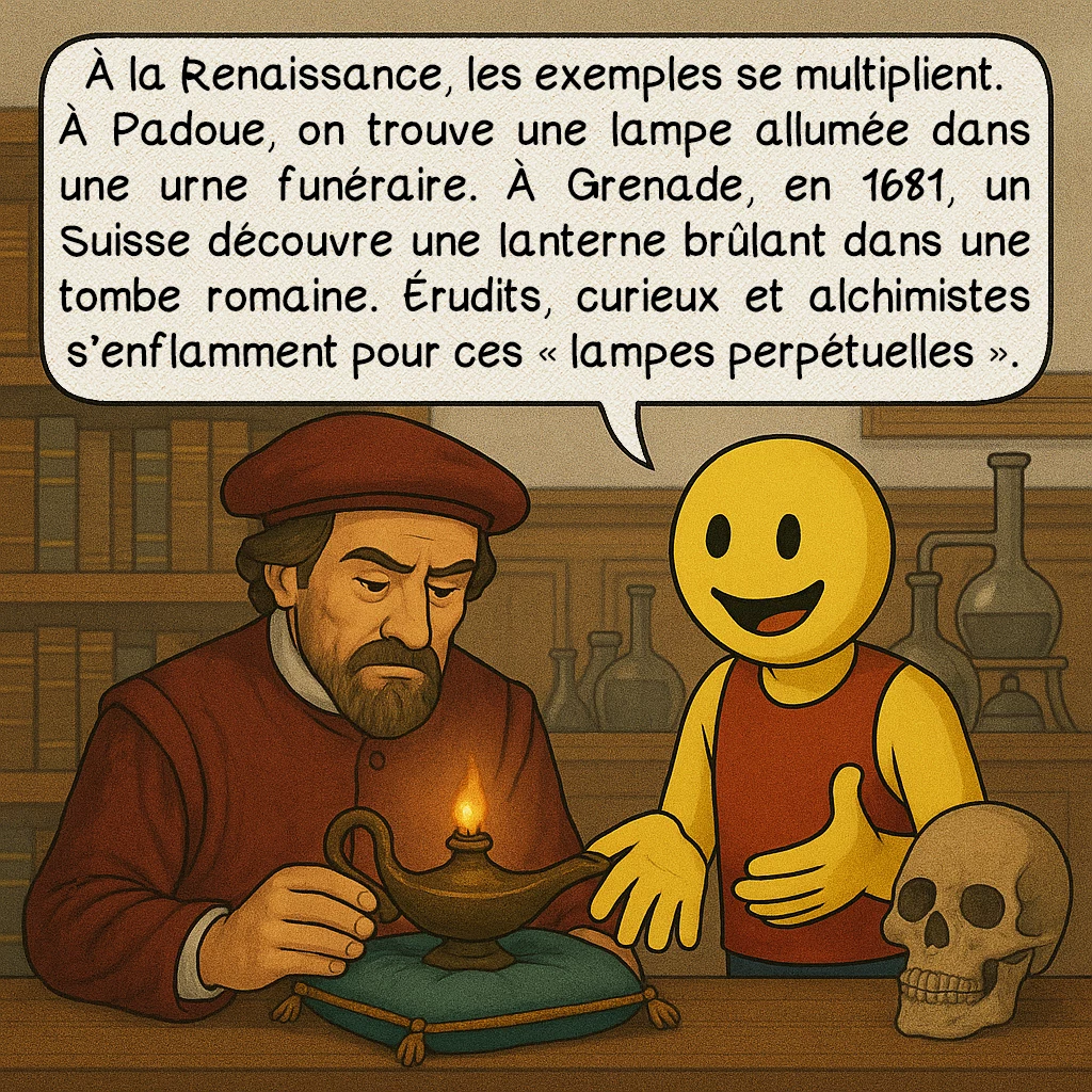 Les lampes éternelles, case 5 : À la Renaissance, les exemples se multiplient. À Padoue, on trouve une lampe allumée dans une urne funéraire. À Grenade, en 1681, un Suisse découvre une lanterne brûlant dans une tombe romaine. Érudits, curieux et alchimistes s’enflamment pour ces « lampes perpétuelles ».