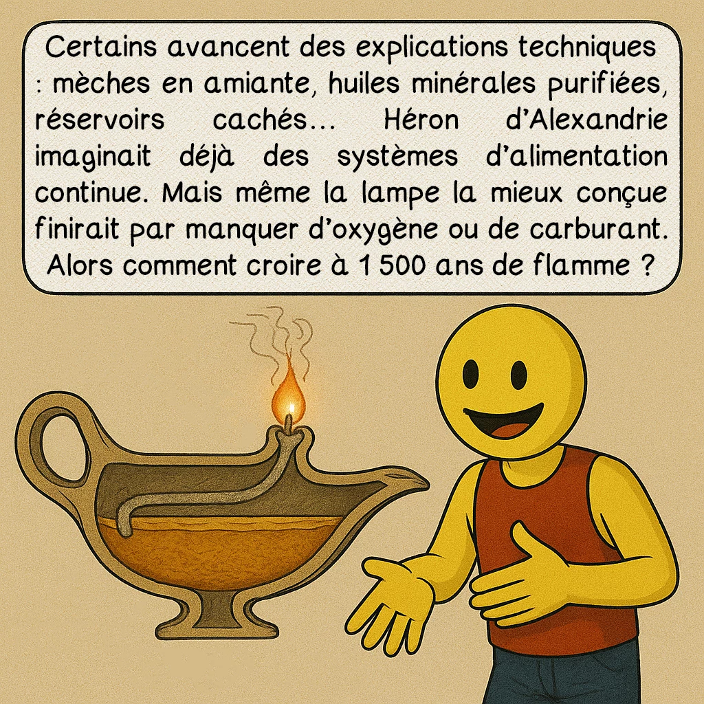 Les lampes éternelles, case 6 : Certains avancent des explications techniques : mèches en amiante, huiles minérales purifiées, réservoirs cachés… Héron d’Alexandrie imaginait déjà des systèmes d’alimentation continue. Mais même la lampe la mieux conçue finirait par manquer d’oxygène ou de carburant. Alors comment croire à 1 500 ans de flamme ?