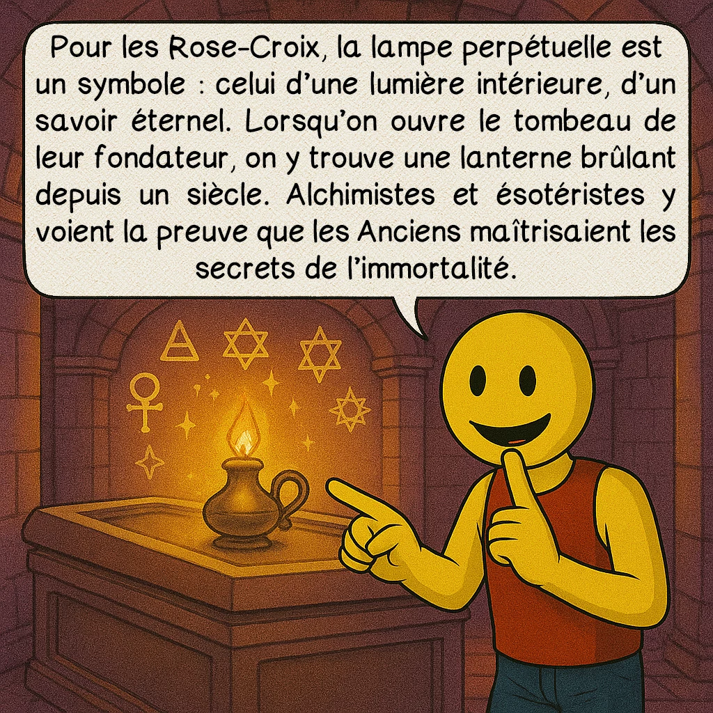 Les lampes éternelles, case 7 : Pour les Rose-Croix, la lampe perpétuelle est un symbole : celui d’une lumière intérieure, d’un savoir éternel. Lorsqu’on ouvre le tombeau de leur fondateur, on y trouve une lanterne brûlant depuis un siècle. Alchimistes et ésotéristes y voient la preuve que les Anciens maîtrisaient les secrets de l’immortalité.
