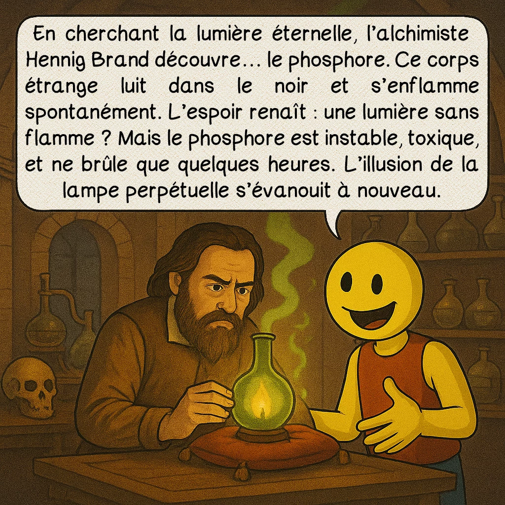 Les lampes éternelles, case 8 : En cherchant la lumière éternelle, l’alchimiste Hennig Brand découvre… le phosphore. Ce corps étrange luit dans le noir et s’enflamme spontanément. L’espoir renaît : une lumière sans flamme ? Mais le phosphore est instable, toxique, et ne brûle que quelques heures. L’illusion de la lampe perpétuelle s’évanouit à nouveau.