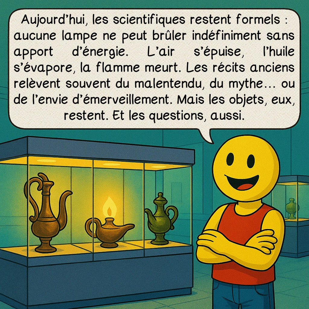 Les lampes éternelles, case 9 : Aujourd’hui, les scientifiques restent formels : aucune lampe ne peut brûler indéfiniment sans apport d’énergie. L’air s’épuise, l’huile s’évapore, la flamme meurt. Les récits anciens relèvent souvent du malentendu, du mythe… ou de l’envie d’émerveillement. Mais les objets, eux, restent. Et les questions, aussi.
