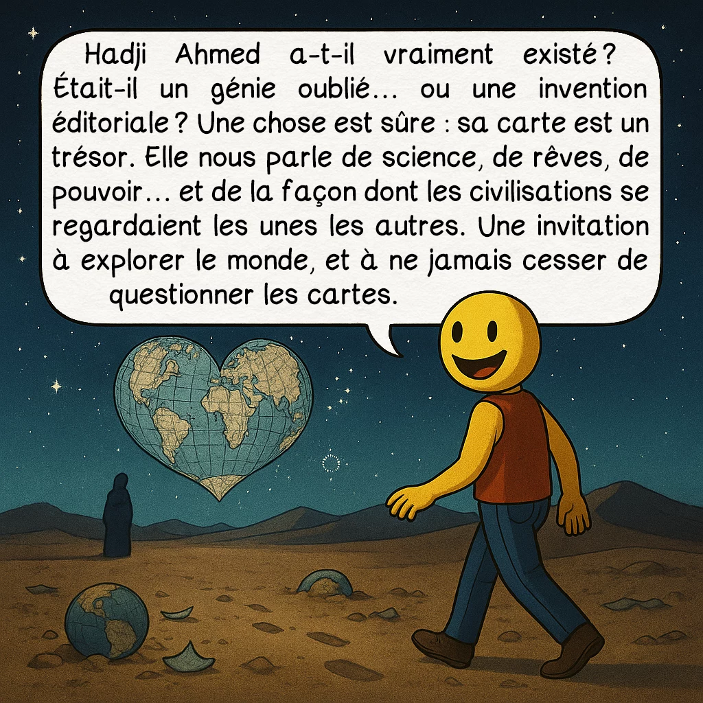 La carte de Hadji Ahmed, case 10 : Hadji Ahmed a-t-il vraiment existé ? Était-il un génie oublié… ou une invention éditoriale ? Une chose est sûre : sa carte est un trésor. Elle nous parle de science, de rêves, de pouvoir… et de la façon dont les civilisations se regardaient les unes les autres. Une invitation à explorer le monde, et à ne jamais cesser de questionner les cartes.