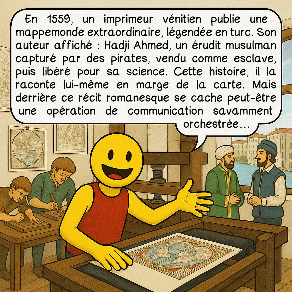 La carte de Hadji Ahmed, case 2 : En 1559, un imprimeur vénitien publie une mappemonde extraordinaire, légendée en turc. Son auteur affiché : Hadji Ahmed, un érudit musulman capturé par des pirates, vendu comme esclave, puis libéré pour sa science. Cette histoire, il la raconte lui-même en marge de la carte. Mais derrière ce récit romanesque se cache peut-être une opération de communication savamment orchestrée…