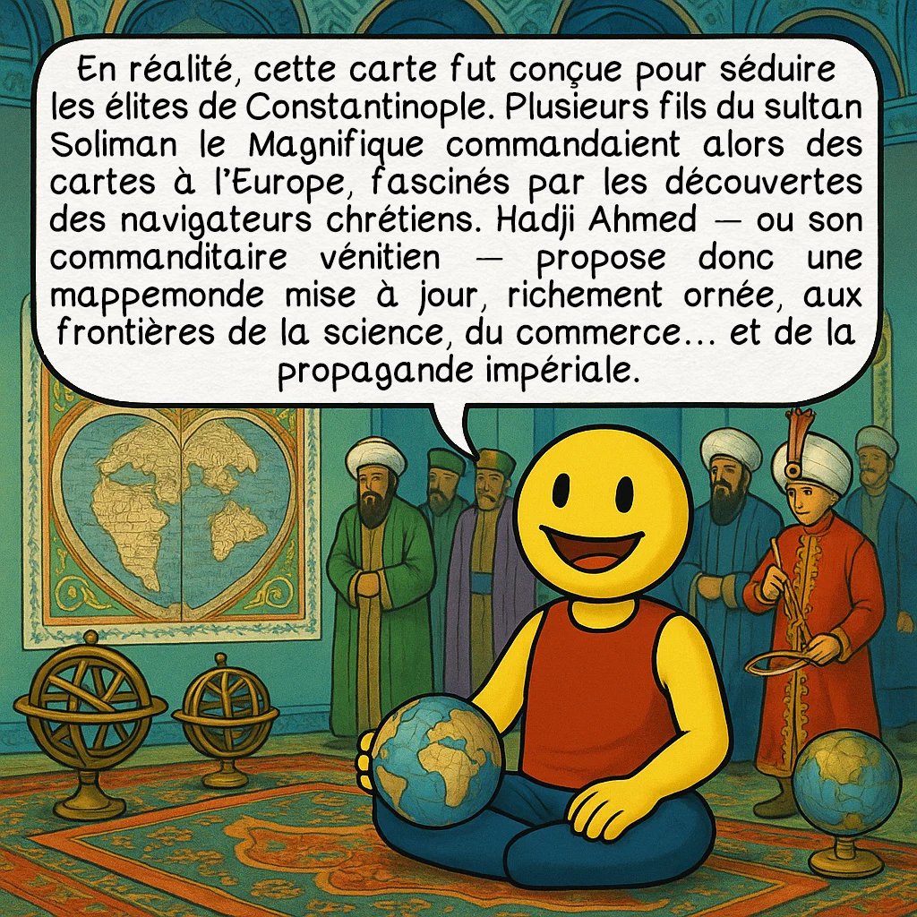 La carte de Hadji Ahmed, case 3 : En réalité, cette carte fut conçue pour séduire les élites de Constantinople. Plusieurs fils du sultan Soliman le Magnifique commandaient alors des cartes à l’Europe, fascinés par les découvertes des navigateurs chrétiens. Hadji Ahmed — ou son commanditaire vénitien — propose donc une mappemonde mise à jour, richement ornée, aux frontières de la science, du commerce… et de la propagande impériale.