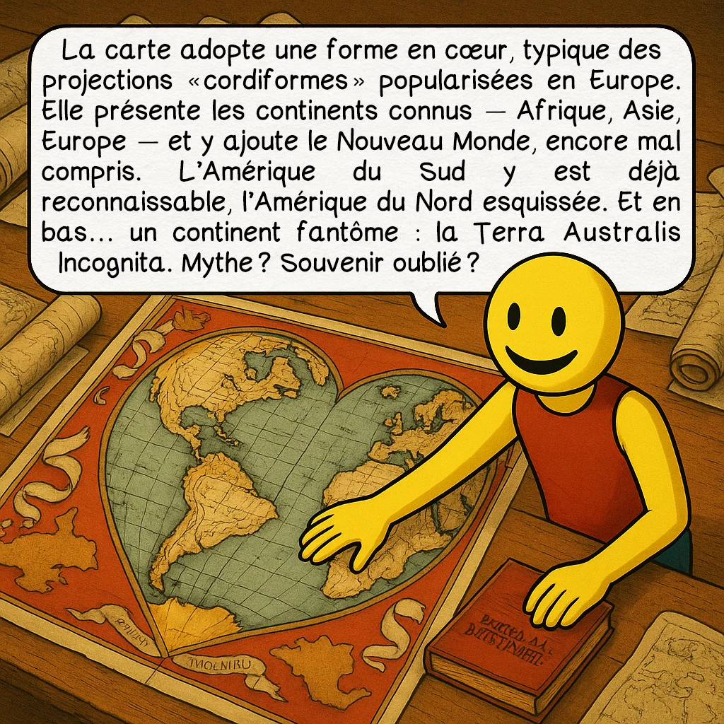 La carte de Hadji Ahmed, case 4 : La carte adopte une forme en cœur, typique des projections « cordiformes » popularisées en Europe. Elle présente les continents connus — Afrique, Asie, Europe — et y ajoute le Nouveau Monde, encore mal compris. L’Amérique du Sud y est déjà reconnaissable, l’Amérique du Nord esquissée. Et en bas… un continent fantôme : la Terra Australis Incognita. Mythe ? Souvenir oublié ?