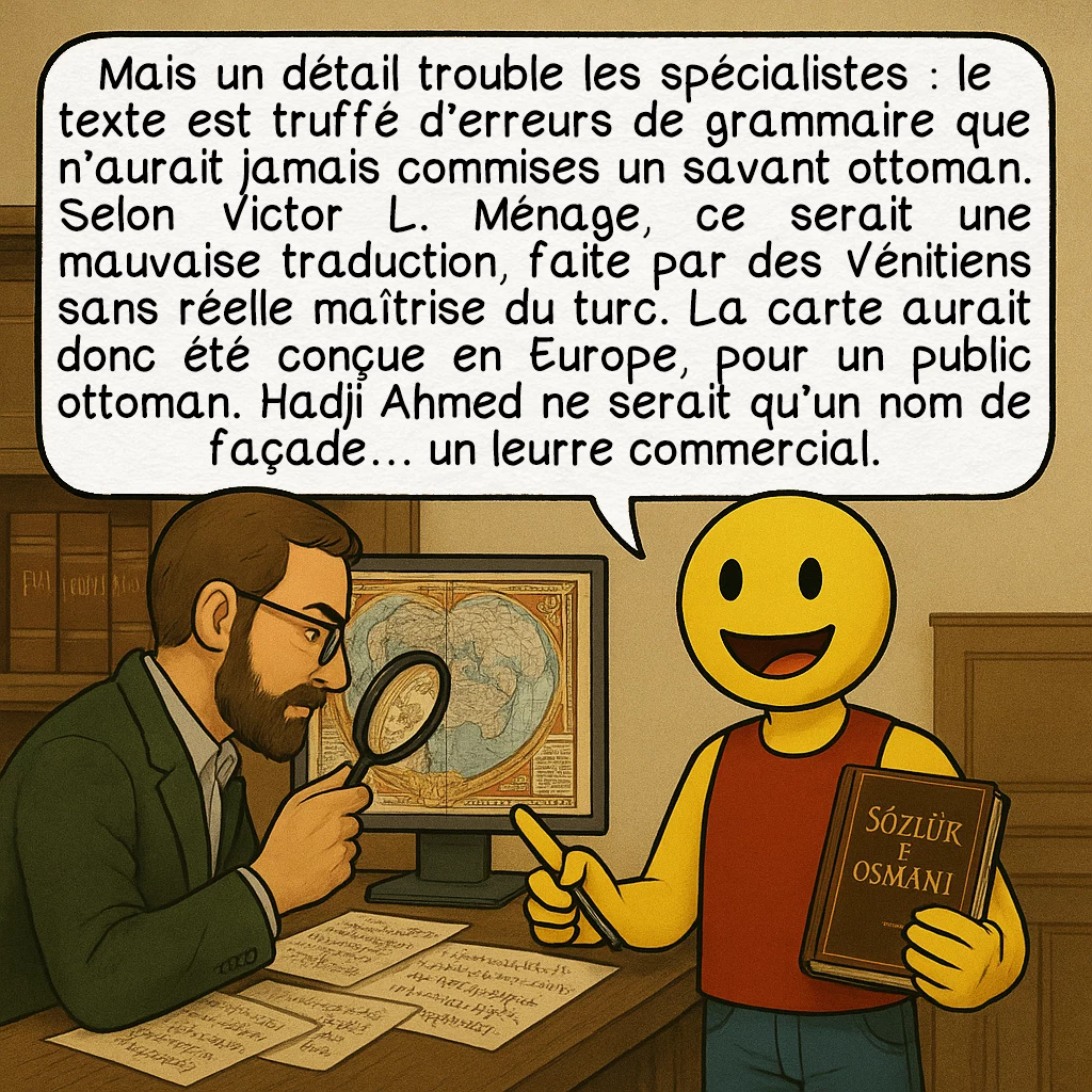 La carte de Hadji Ahmed, case 5 : Mais un détail trouble les spécialistes : le texte est truffé d’erreurs de grammaire que n’aurait jamais commises un savant ottoman. Selon Victor L. Ménage, ce serait une mauvaise traduction, faite par des Vénitiens sans réelle maîtrise du turc. La carte aurait donc été conçue en Europe, pour un public ottoman. Hadji Ahmed ne serait qu’un nom de façade… un leurre commercial.