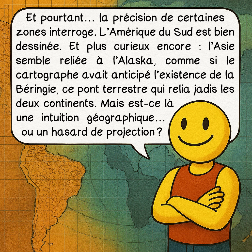 La carte de Hadji Ahmed, case 6 : Et pourtant… la précision de certaines zones interroge. L’Amérique du Sud est bien dessinée. Et plus curieux encore : l’Asie semble reliée à l’Alaska, comme si le cartographe avait anticipé l’existence de la Béringie, ce pont terrestre qui relia jadis les deux continents. Mais est-ce là une intuition géographique… ou un hasard de projection ?