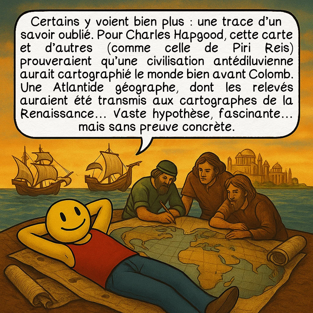 La carte de Hadji Ahmed, case 7 : Certains y voient bien plus : une trace d’un savoir oublié. Pour Charles Hapgood, cette carte et d’autres (comme celle de Piri Reis) prouveraient qu’une civilisation antédiluvienne aurait cartographié le monde bien avant Colomb. Une Atlantide géographe, dont les relevés auraient été transmis aux cartographes de la Renaissance… Vaste hypothèse, fascinante… mais sans preuve concrète.