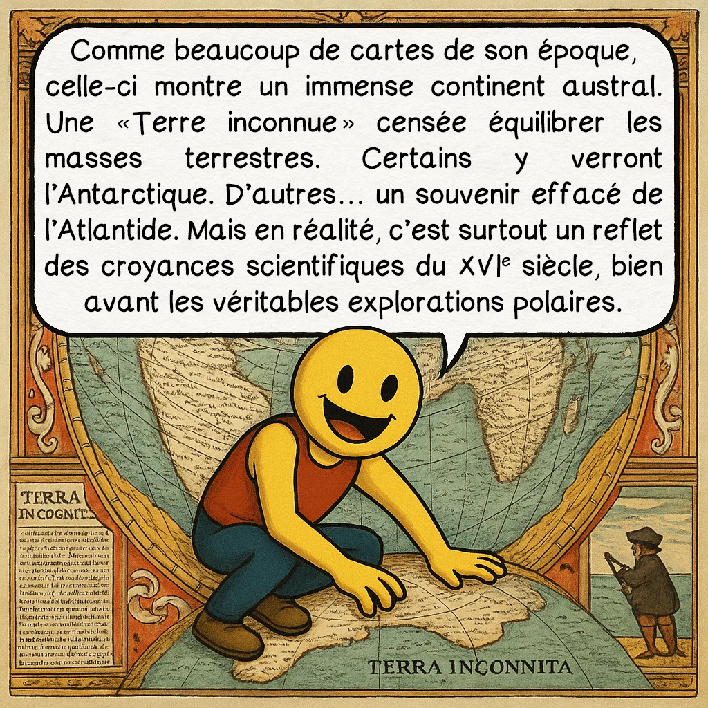 La carte de Hadji Ahmed, case 8 : Comme beaucoup de cartes de son époque, celle-ci montre un immense continent austral. Une « Terre inconnue » censée équilibrer les masses terrestres. Certains y verront l’Antarctique. D’autres… un souvenir effacé de l’Atlantide. Mais en réalité, c’est surtout un reflet des croyances scientifiques du XVIe siècle, bien avant les véritables explorations polaires.