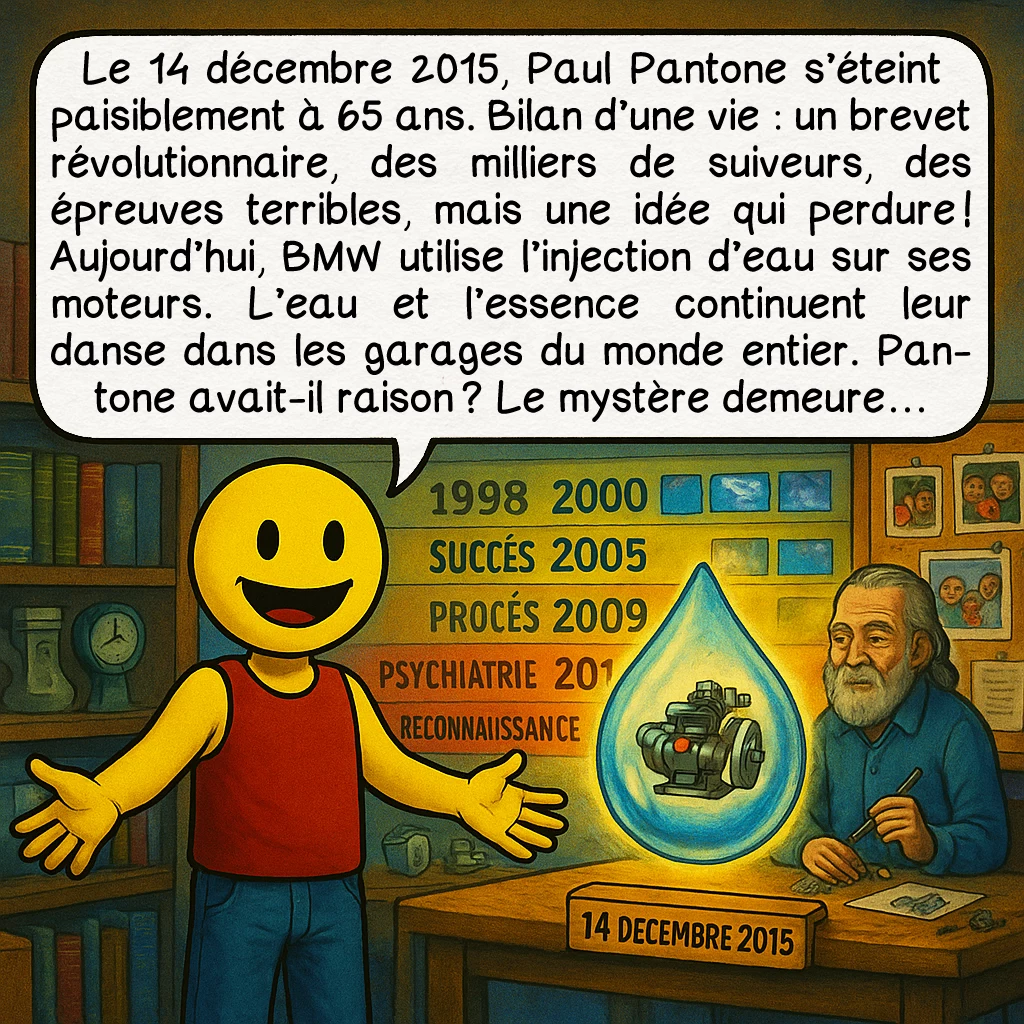 Le moteur Pantone, case 10 : Le 14 décembre 2015, Paul Pantone s’éteint paisiblement à 65 ans. Bilan d’une vie : un brevet révolutionnaire, des milliers de suiveurs, des épreuves terribles, mais une idée qui perdure ! Aujourd’hui, BMW utilise l’injection d’eau sur ses moteurs. L’eau et l’essence continuent leur danse dans les garages du monde entier. Pantone avait-il raison ? Le mystère demeure…