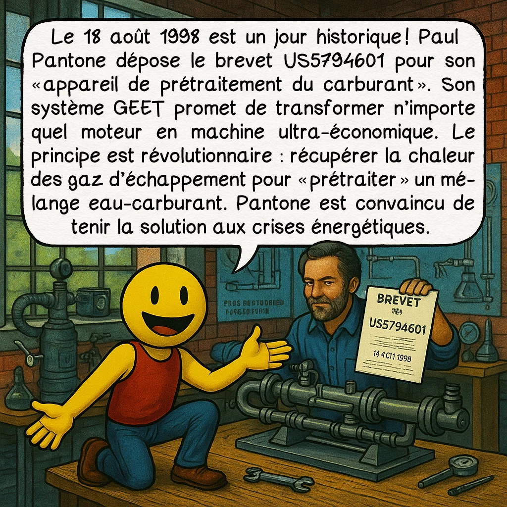 Le moteur Pantone, case 2 : Le 18 août 1998 est un jour historique ! Paul Pantone dépose le brevet US5794601 pour son « appareil de prétraitement du carburant ». Son système GEET promet de transformer n’importe quel moteur en machine ultra-économique. Le principe est révolutionnaire : récupérer la chaleur des gaz d’échappement pour « prétraiter » un mélange eau-carburant. Pantone est convaincu de tenir la solution aux crises énergétiques.