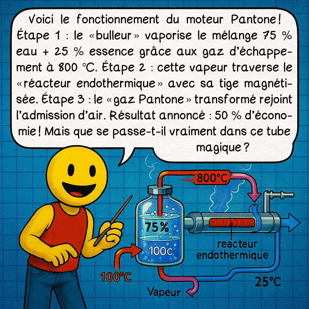 Le moteur Pantone, case 3 : Voici le fonctionnement du moteur Pantone ! Étape 1 : le « bulleur » vaporise le mélange 75 % eau + 25 % essence grâce aux gaz d’échappement à 800 °C. Étape 2 : cette vapeur traverse le « réacteur endothermique » avec sa tige magnétisée. Étape 3 : le « gaz Pantone » transformé rejoint l’admission d’air. Résultat annoncé : 50 % d’économie ! Mais que se passe-t-il vraiment dans ce tube magique ?