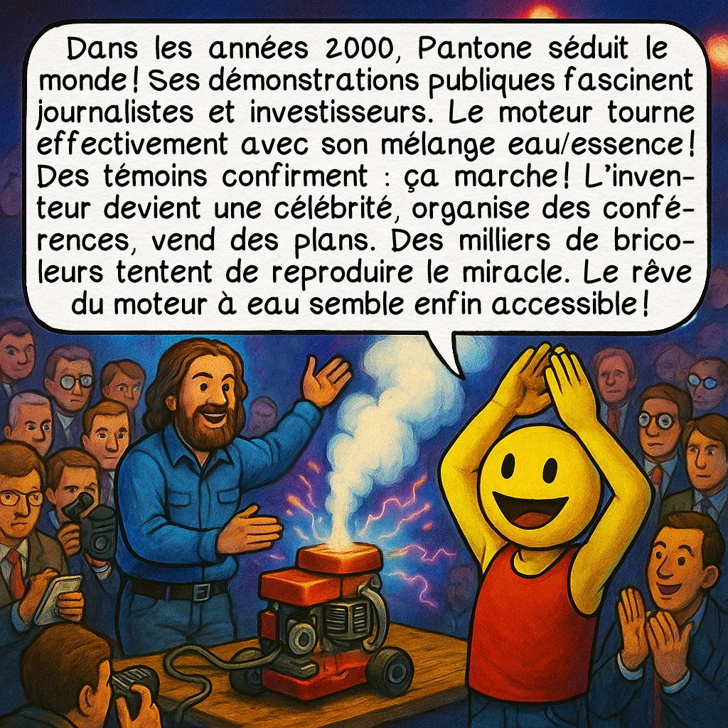 Le moteur Pantone, case 4 : Dans les années 2000, Pantone séduit le monde ! Ses démonstrations publiques fascinent journalistes et investisseurs. Le moteur tourne effectivement avec son mélange eau/essence ! Des témoins confirment : ça marche ! L’inventeur devient une célébrité, organise des conférences, vend des plans. Des milliers de bricoleurs tentent de reproduire le miracle. Le rêve du moteur à eau semble enfin accessible !